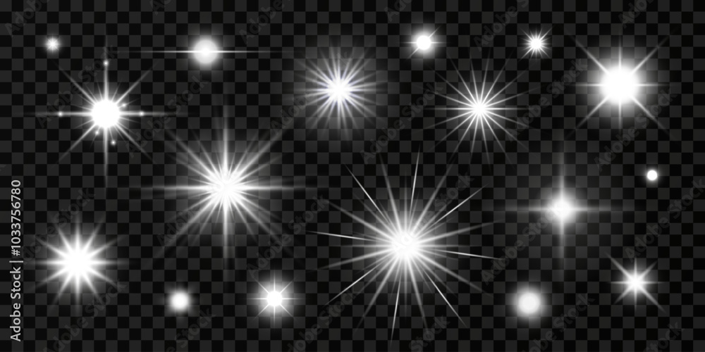 Light effect set with glowing white stars, sparks, flares, glares, sunrays. Isolated transparent highlight design elements on dark background for web, birthday, new year designs. Vector illustrations. Light effect set with glowing white stars, sparks, flares, glares, sunrays. Isolated transparent highlight design elements on dark background for web, birthday, new year designs. Vector illustrations.