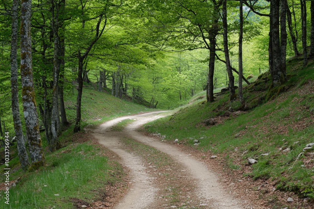 Winding dirt path through lush green forest at midday inviting exploration and adventure Winding dirt path through lush green forest at midday inviting exploration and adventure
