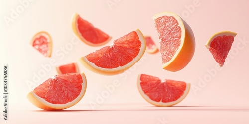 Fresh grapefruit slices floating on a pastel background.