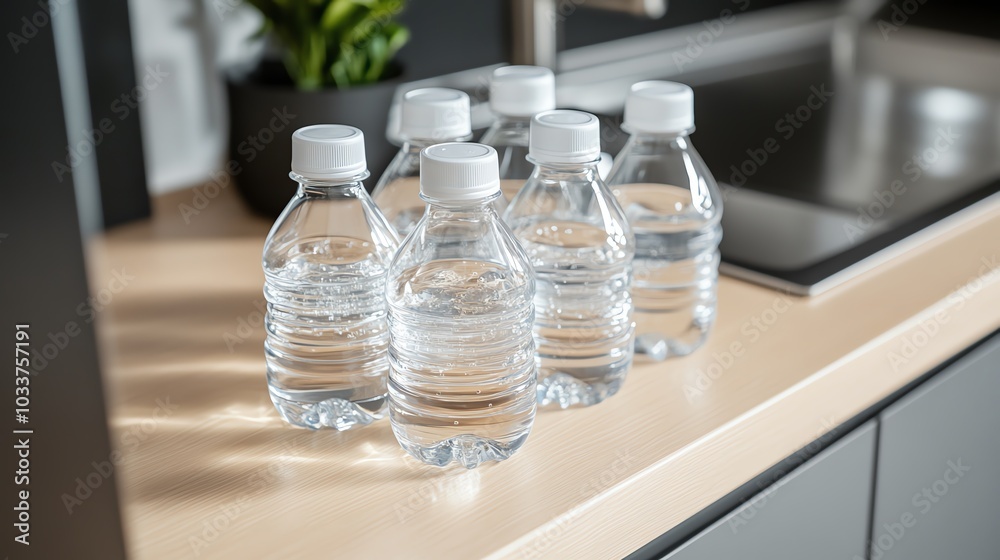 Bottled water on a countertop in a kitchen. Bottled water on a countertop in a kitchen.