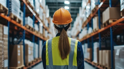 A focused worker in a warehouse safety first with helmets and vests amidst tall shelves of inventory and goods