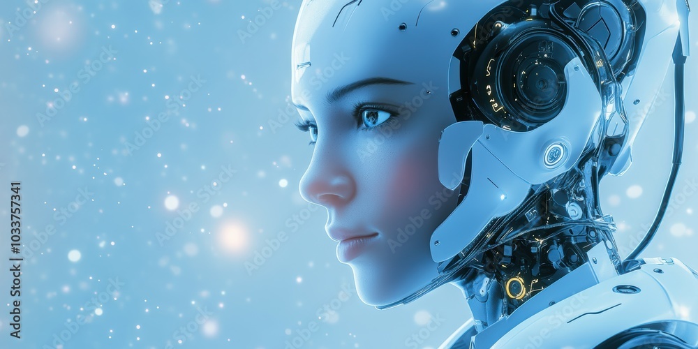 Futuristic humanoid robot head on a blue background. Futuristic humanoid robot head on a blue background.