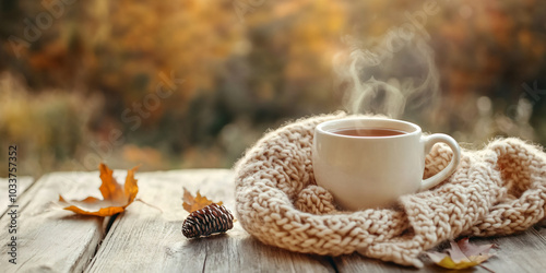 Mug of hot drink with lemon wrapped in beige scarf on wooden table against blurred autumn forest background. Cozy banner with copyspace, sunlight, warming tea, anti-cold advertisement