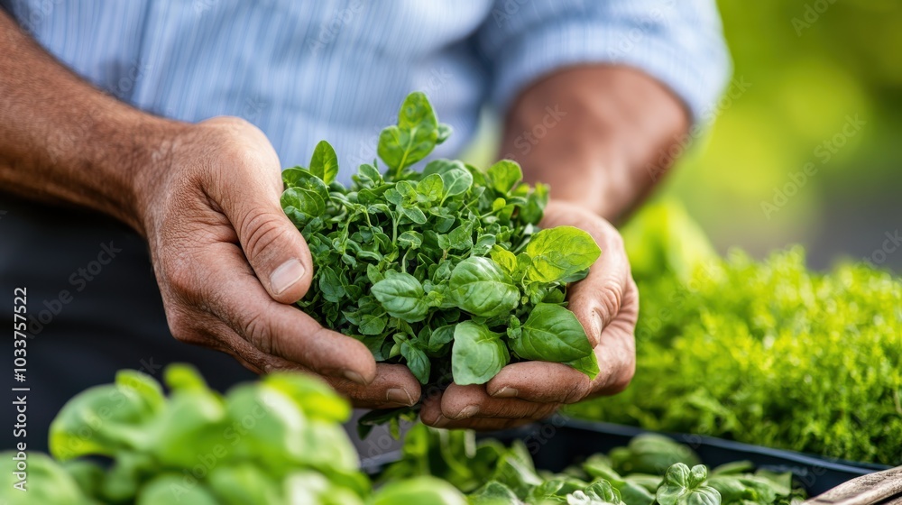 Close-up of a person's hands holding fresh green herbs, showcasing lush foliage. The image highlights gardening, freshness, and organic farming concepts. Close-up of a person's hands holding fresh green herbs, showcasing lush foliage. The image highlights gardening, freshness, and organic farming concepts.