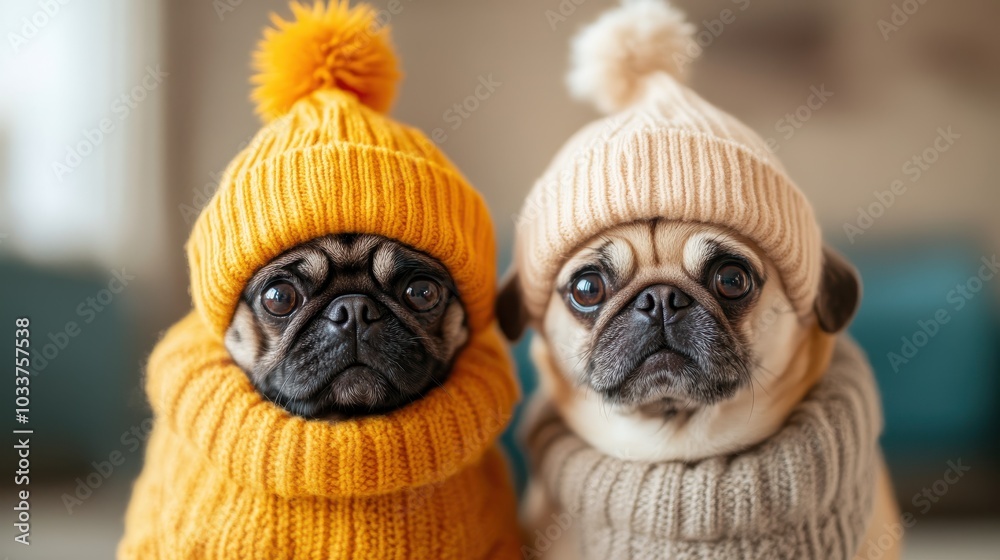Two cute pugs are dressed in colorful knitted hats and sweaters, showcasing their adorable demeanor and fashionable attire perfect for a chilly day out. Two cute pugs are dressed in colorful knitted hats and sweaters, showcasing their adorable demeanor and fashionable attire perfect for a chilly day out.