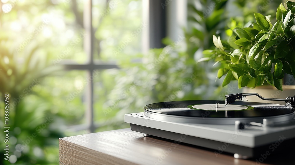 A turntable with a vinyl record is set elegantly on a wooden surface near a sunlit window filled with green plants, highlighting vintage music style and tranquility. A turntable with a vinyl record is set elegantly on a wooden surface near a sunlit window filled with green plants, highlighting vintage music style and tranquility.