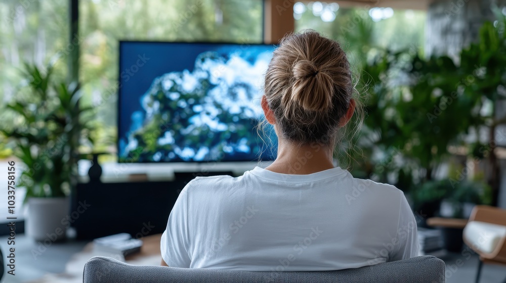 An individual sits on a couch, viewing TV in a room adorned with stylish decor and greenery, creating an atmosphere of harmony and leisure in life. An individual sits on a couch, viewing TV in a room adorned with stylish decor and greenery, creating an atmosphere of harmony and leisure in life.