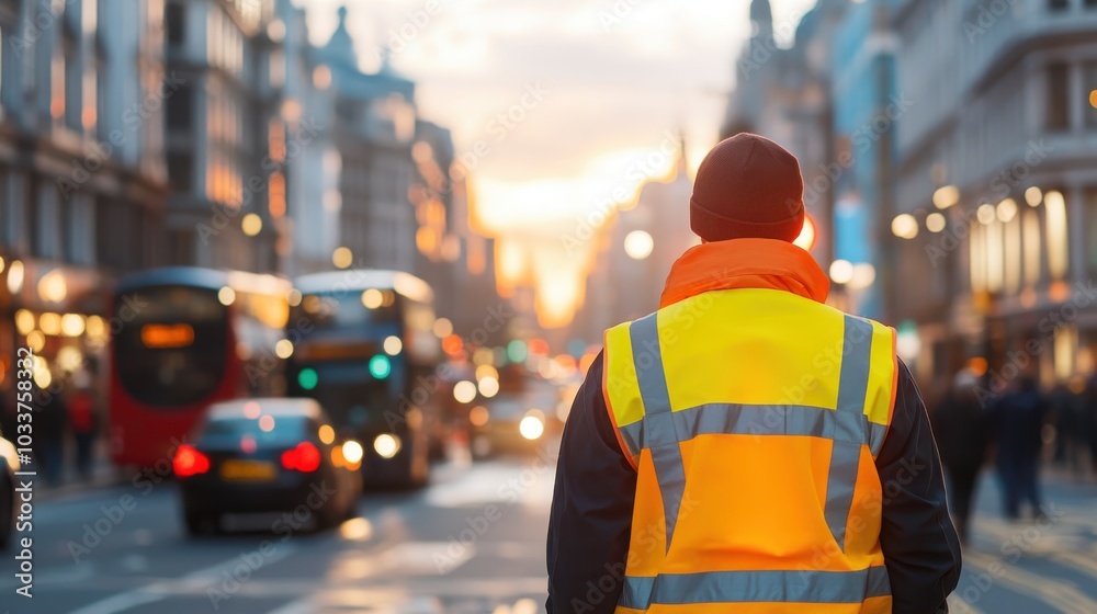 A safety officer clad in a bright reflective vest stands amidst the bustling streets as red buses pass, embodying vigilance and responsibility in urban traffic management. A safety officer clad in a bright reflective vest stands amidst the bustling streets as red buses pass, embodying vigilance and responsibility in urban traffic management.