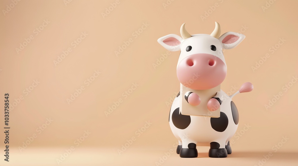 Fototapeta premium Cute cartoon cow with black spots standing on a peach background.