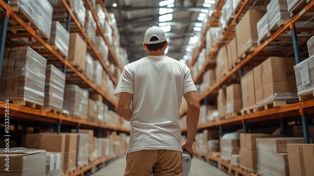 A man walks down an aisle in a warehouse. A man walks down an aisle in a warehouse.