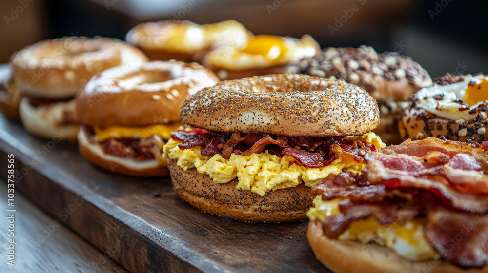 Egg sandwich stock photo, Bagel sandwich with bacon, cheese, and eggs Egg sandwich stock photo, Bagel sandwich with bacon, cheese, and eggs