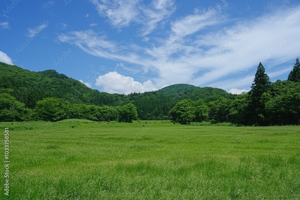 Breathtaking green meadow under a bright blue sky in a serene mountain landscape Breathtaking green meadow under a bright blue sky in a serene mountain landscape