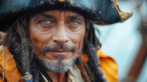 front view of a man dressed as a flamboyant pirate showcasing intricate costume details against a pure white background embodying the spirit of adventure and fun