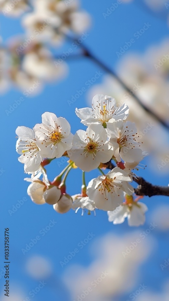 Blossoming cherry flowers against a clear blue sky during the spring season Blossoming cherry flowers against a clear blue sky during the spring season