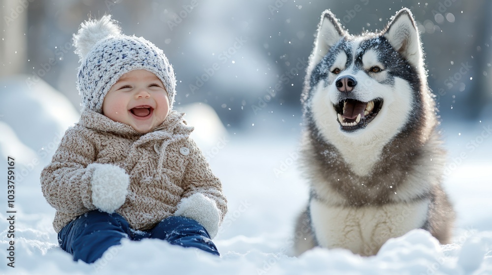 A jovial baby dressed warmly smiling beside a laughing husky in the snow, illustrating the simple joy and beauty found in winter wonderlands. A jovial baby dressed warmly smiling beside a laughing husky in the snow, illustrating the simple joy and beauty found in winter wonderlands.