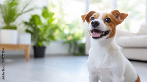 Wallpaper Mural A joyful dog with a wide smile sits in a bright modern living area full of green plants, conveying happiness and contentment in a cozy domestic environment. Torontodigital.ca