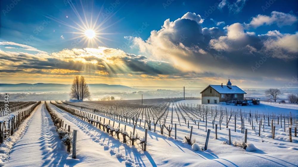 Fototapeta premium A winter wonderland in the heart of a vineyard, where a solitary farmhouse stands tall, enveloped in a blanket of snow and bathed in the golden rays of a setting sun.