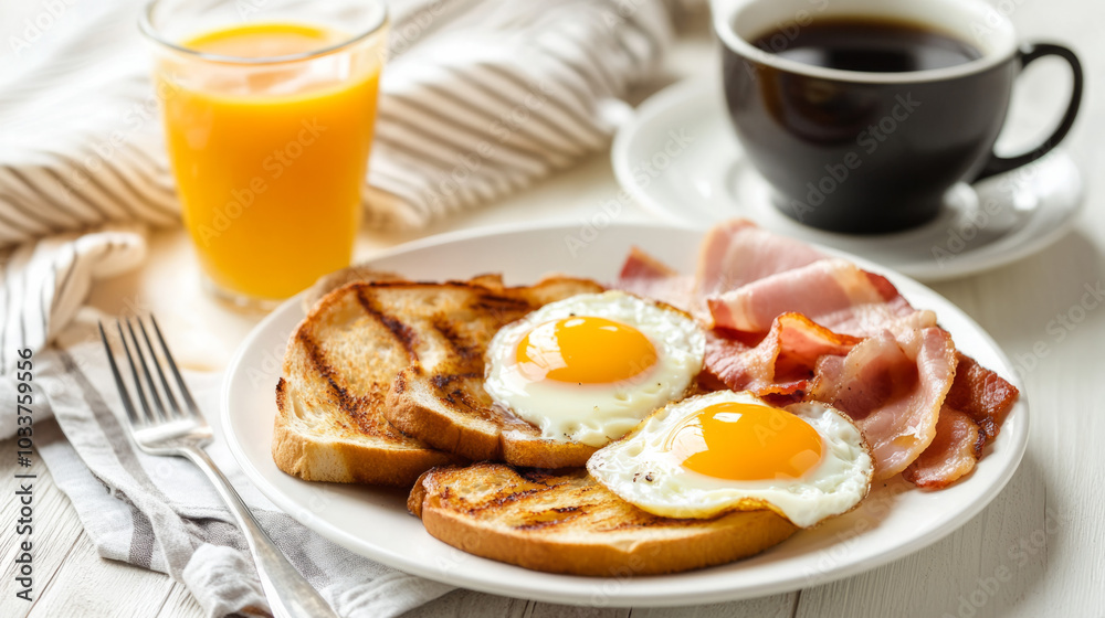 Breakfast table with eggs, bacon, and orange juice
Breakfast table with eggs, bacon, and orange juice
