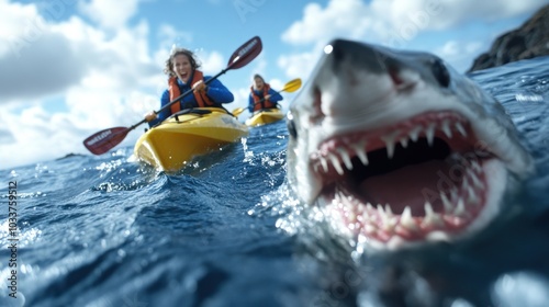 Two kayakers paddle swiftly as a massive great white shark emerges from the water, its jaws open wide, creating a thrilling and adrenaline-pumping scene. photo