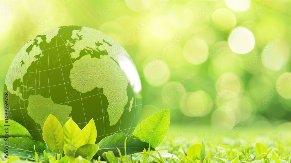 Green globe on leafy grass with eco-friendly light bokeh background Green globe on leafy grass with eco-friendly light bokeh background