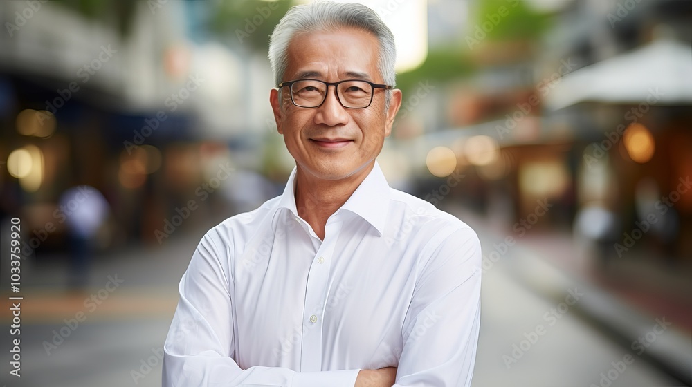 Fototapeta premium A smiling Asian man with gray hair stands in a city setting. He is wearing a white shirt and has his arms crossed.