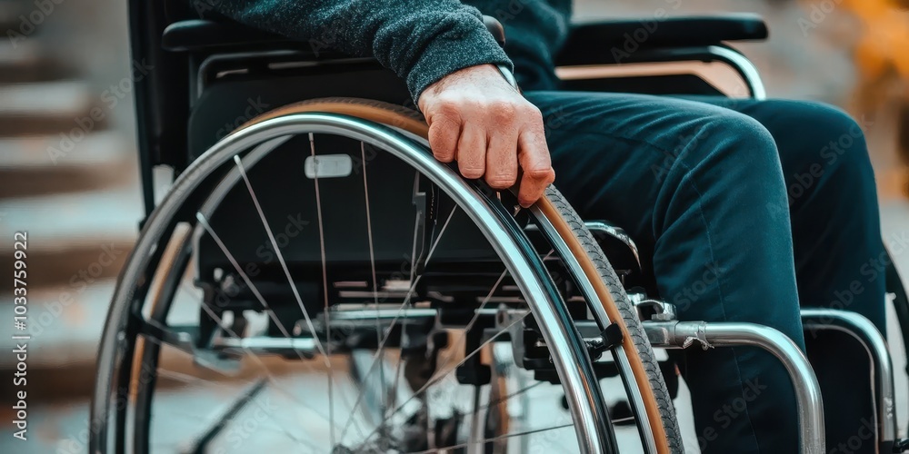 Person in a wheelchair, focusing on hand grip, with blurred background. Person in a wheelchair, focusing on hand grip, with blurred background.