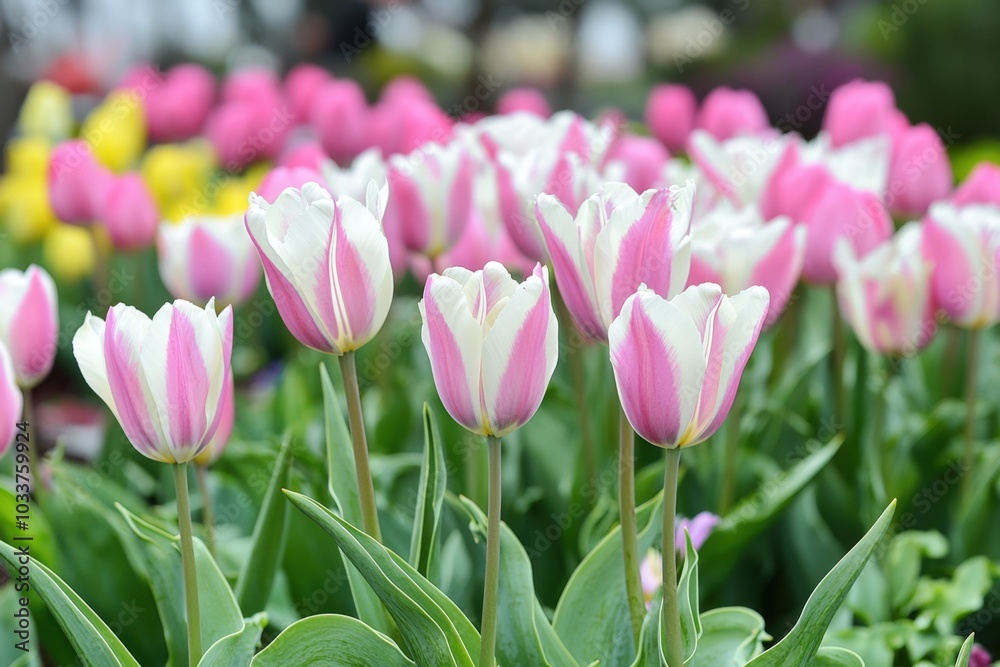 Fototapeta premium Blooming pink and white tulips in a vibrant spring garden at midday
