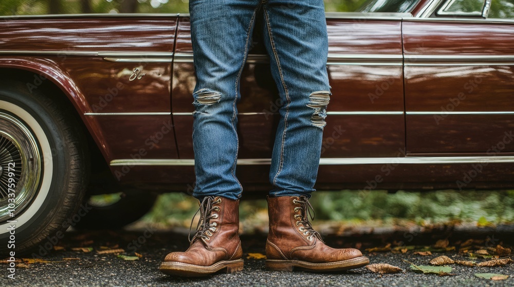 Stylish Brown Boots Next to Classic Car Stylish Brown Boots Next to Classic Car