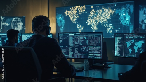 Hacker Working Late at Night in Front of Multiple Monitors Displaying Data and a World Map