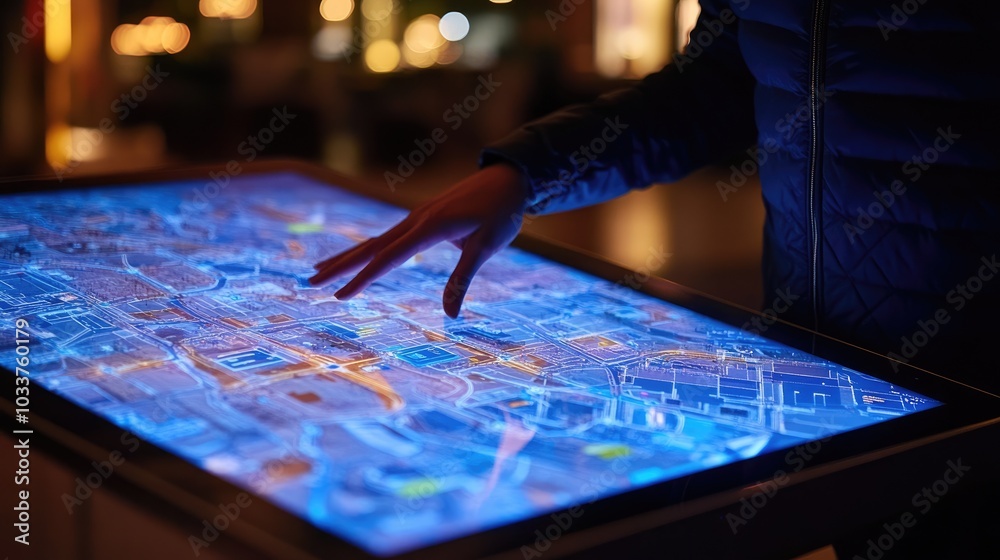 Naklejka premium Touching a Digital Map Display in Urban Setting
