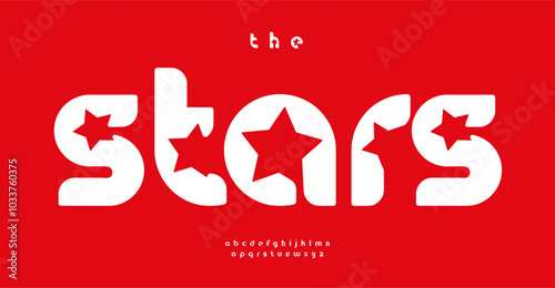 Stars filled bold alphabet, playful retro font design for celebrity symbols, striking contemporary branding, creative design, entertainment industry logo or headline. Vector typeset