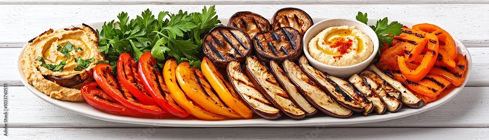 A colorful platter of grilled vegetables served with hummus, showcasing healthy eating and vibrant cuisine. A colorful platter of grilled vegetables served with hummus, showcasing healthy eating and vibrant cuisine.