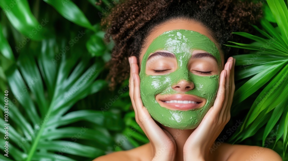 A woman with curly hair enjoys a green face mask against lush green background, showcasing relaxation and skincare. The fresh atmosphere enhances natural beauty. A woman with curly hair enjoys a green face mask against lush green background, showcasing relaxation and skincare. The fresh atmosphere enhances natural beauty.