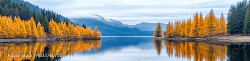 Golden autumn trees reflect in a serene mountain lake under a cloudy sky, AI