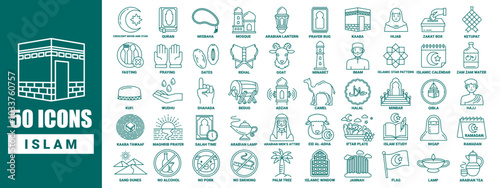 50 islamic icon collection vector in line design style with name in every icon