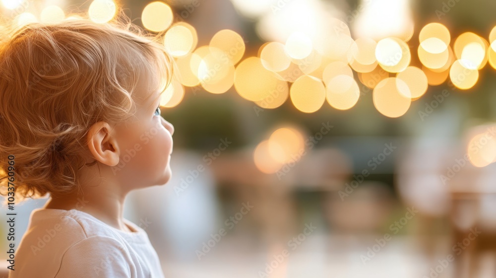 A side profile of a toddler captivated by ambient bokeh lights, offering a serene and magical sense of childhood wonder in a warm, illuminated setting. A side profile of a toddler captivated by ambient bokeh lights, offering a serene and magical sense of childhood wonder in a warm, illuminated setting.