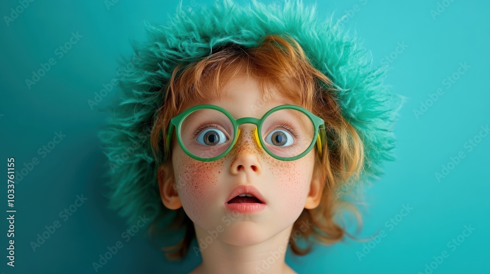 A child with wide eyes and red hair shows a surprised expression while wearing glasses and a teal fuzzy hat, captured on a vibrant blue background, showcasing whimsy. A child with wide eyes and red hair shows a surprised expression while wearing glasses and a teal fuzzy hat, captured on a vibrant blue background, showcasing whimsy.