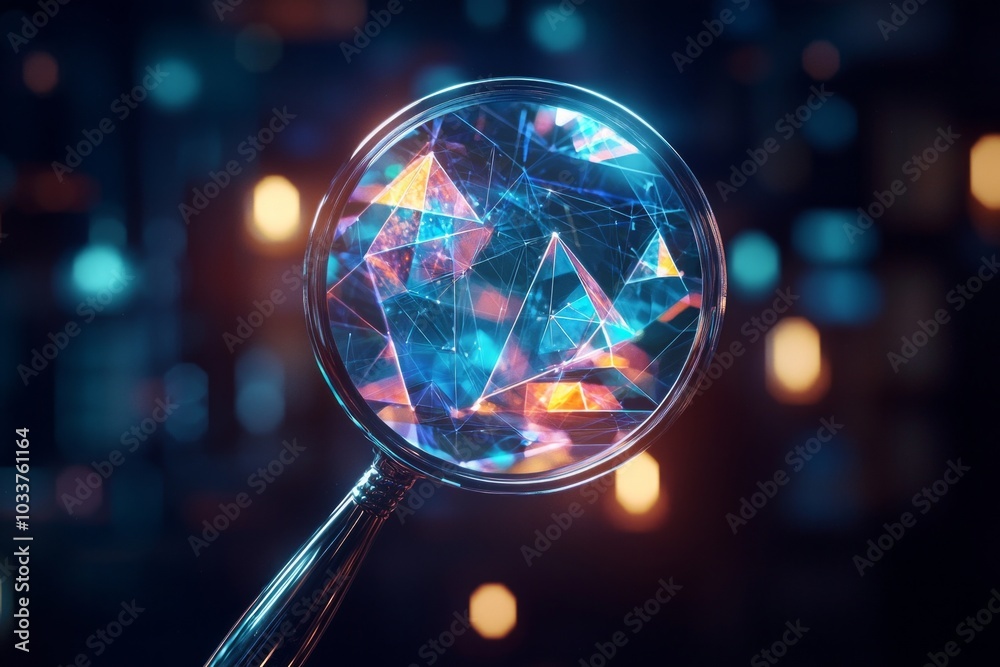 A glowing magnifying glass suspended in mid-air, with abstract geometric shapes magnified inside the lens.