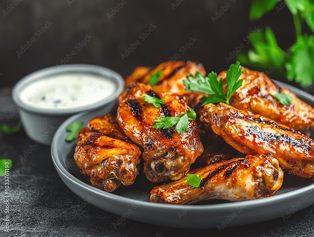 Delicious grilled chicken wing platter served with creamy dip and fresh herbs, perfect for appetizers or party snacks. Delicious grilled chicken wing platter served with creamy dip and fresh herbs, perfect for appetizers or party snacks.