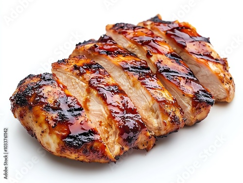 Delicious grilled chicken breast, perfectly sliced and glazed with savory barbecue sauce, ideal for a scrumptious meal or recipe.