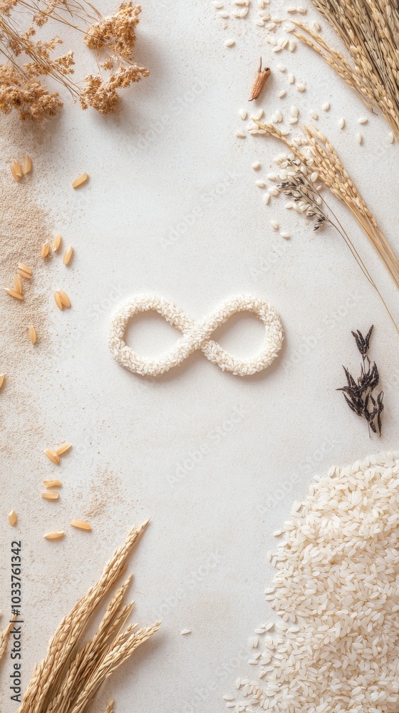 An empty scene featuring a blank mockup template with rice grains forming an infinity symbol, An empty scene featuring a blank mockup template with rice grains forming an infinity symbol,