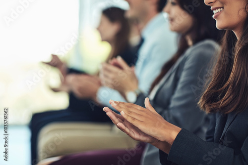 Group, hands and applause in office for seminar, training presentation and welcome. Corporate people, clap and support in conference for growth, campaign feedback and business development achievement