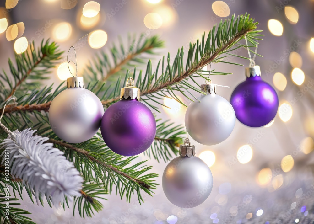 Minimalist Christmas Tree Branch with Purple and White Ornaments, White Garland Closeup, Festive Decor, Holiday Spirit, Christmas Theme, Simple Elegance Minimalist Christmas Tree Branch with Purple and White Ornaments, White Garland Closeup, Festive Decor, Holiday Spirit, Christmas Theme, Simple Elegance