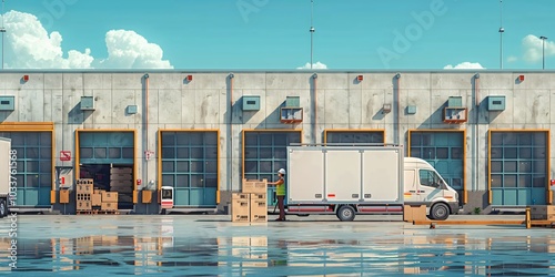 Courier preparing and delivering packages from a truck as part of an efficient e-commerce logistics system. Depicts the process of shipping and delivery, showcasing modern transportation and package h
