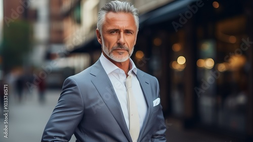 A confident man in a sharp suit looks directly at the camera on a city street.