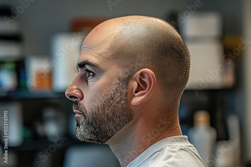 Man with shaved head looking away. Perfect for illustrating thoughtfulness, contemplation, or focus.