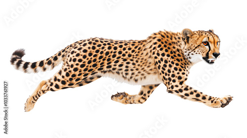 Cheetah running swiftly on a white isolated background.