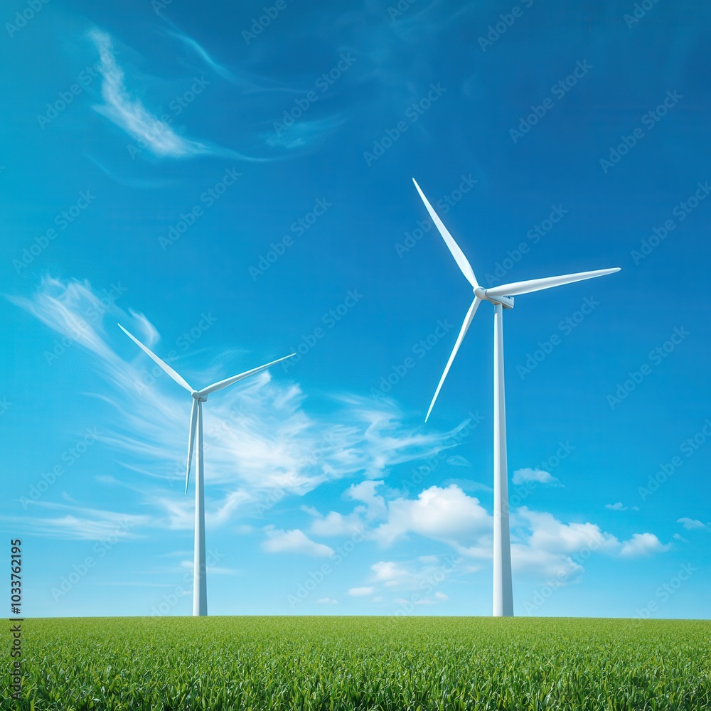 Wind Turbines Against Clear Blue Sky and Green Grass Wind Turbines Against Clear Blue Sky and Green Grass