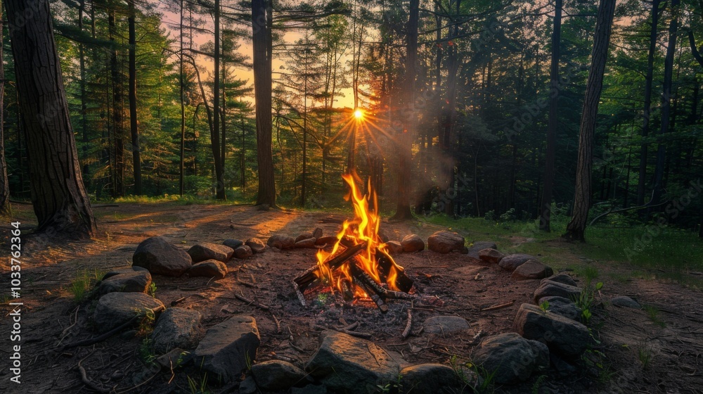 Sunset Campfire in the Forest with Rocks Sunset Campfire in the Forest with Rocks