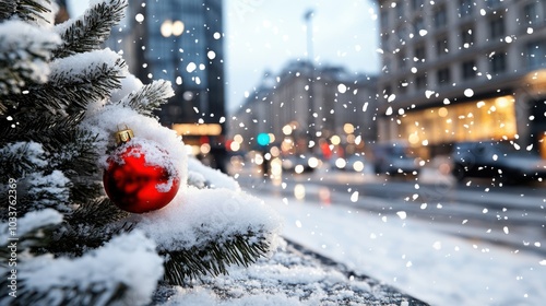 A bright red Christmas ornament hangs on a snowy tree branch along an urban street, with blurred city lights and snowfall conveying a festive winter atmosphere.